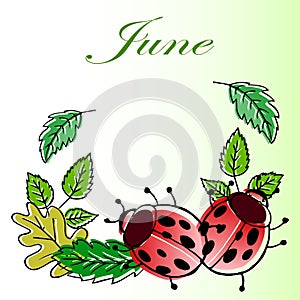 calendar illustration, June, colorful leaves of trees and ladybugs