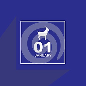 Calendar January 1 icon illustration with chinese zodiac or shio goat logo design. Chinese New Year, year of goat. Chinese holiday