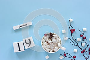 Calendar January 19 Cup of cocoa, marshmallows and branch berries