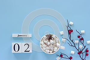 Calendar January 2 Cup of cocoa, marshmallows and branch berries