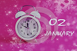 Calendar for January 2: a light alarm clock on a pastel background, the numbers 02, the name of the month January in English,