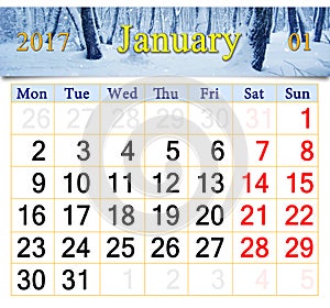 Calendar for January 2017 with birch grove