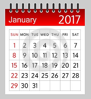 Calendar of January 2017 - illustration - Vector