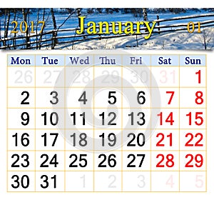 Calendar for January of 2017 with winter landscape