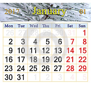 Calendar for January 2017 with winter pines