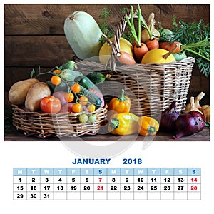 Calendar for January 2018 with still life with vegetables and a