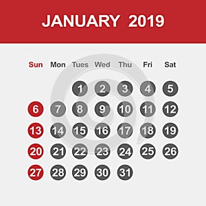 Calendar for January 2019