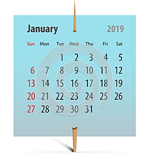 Calendar for January 2019 on toothpick