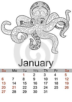 Calendar January 2019 year. Antistress coloring octopus, sea animal, molusk. Raster