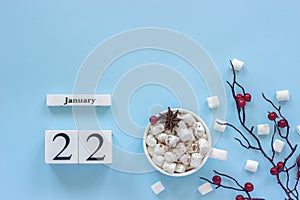 Calendar January 22 Cup of cocoa, marshmallows and branch berries