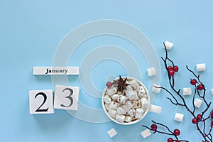 Calendar January 23 Cup of cocoa, marshmallows and branch berries