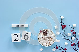 Calendar January 26 Cup of cocoa, marshmallows and branch berries