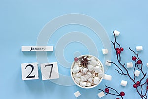 Calendar January 27 Cup of cocoa, marshmallows and branch berries