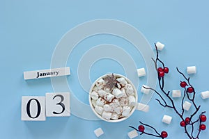 Calendar January 3 Cup of cocoa, marshmallows and branch berries