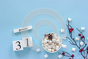 Calendar January 31 Cup of cocoa, marshmallows and branch berries