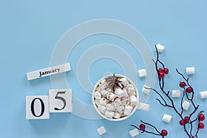 Calendar January 5 Cup of cocoa, marshmallows and branch berries