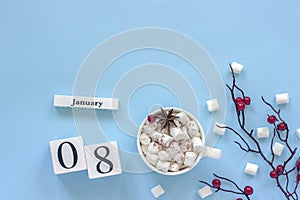 Calendar January 8 Cup of cocoa, marshmallows and branch berries