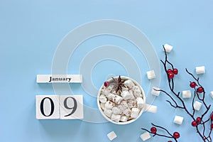 Calendar January 9 Cup of cocoa, marshmallows and branch berries