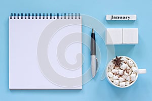 Calendar January cup cocoa and marshmallow, empty open notepad