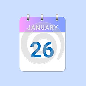 Daily calendar of january month on white paper note. 26th january