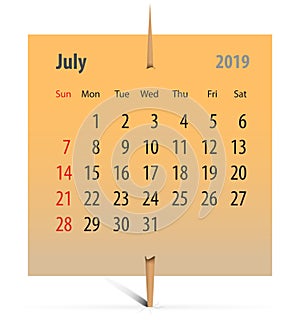 Calendar for July 2019