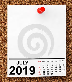 Calendar July 2019. 3d Rendering