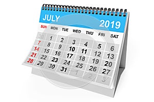 Calendar July 2019. 3d Rendering