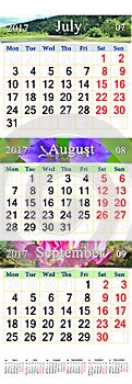 Calendar for July August September 2017 with three colored images