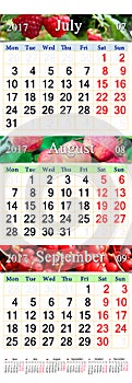 Calendar for July August September 2017 with three colored images
