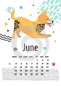 Calendar for June 2018 with Playful Foxterrier