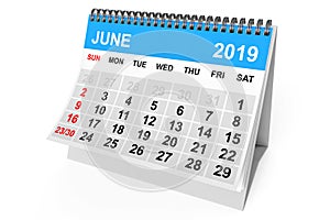 Calendar June 2019. 3d Rendering