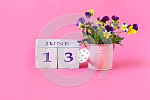 Calendar for June 13 : the name of the month of June in English, cubes with the number 13, a bouquet of violets in a pink watering