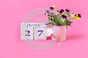 Calendar for June 27 : the name of the month of June in English, cubes with the number 27, a bouquet of violets in a pink watering