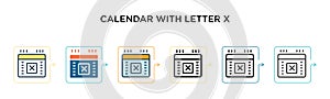 Calendar with letter x vector icon in 6 different modern styles. Black, two colored calendar with letter x icons designed in