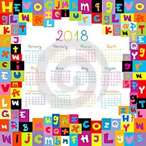 2018 Calendar with letters for schools