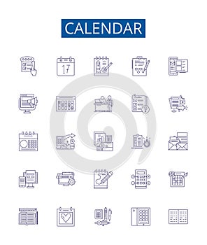 Calendar line icons signs set. Design collection of Calendar, Dates, Schedule, Planner, Tracking, Scheduling, Timetable