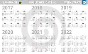 Calendar in Lithuanian language for year 2017, 2018, 2019, 2020, 2021, 2022. Week starts from Monday