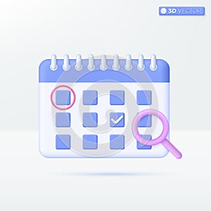 Calendar with magnifying glass icon symbols. Check Mark, Focus appointment, Schedule assignment, business event planning concept.