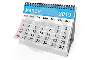 Calendar March 2019. 3d Rendering