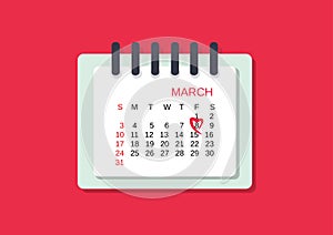 Calendar march 2019 on red background. 8 march. International Women`s Day vector illustration.