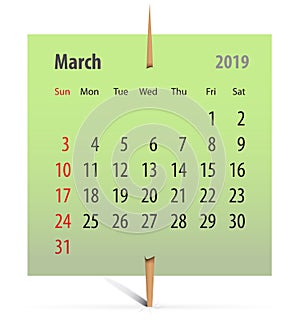 Calendar for March 2019 on a toothpick