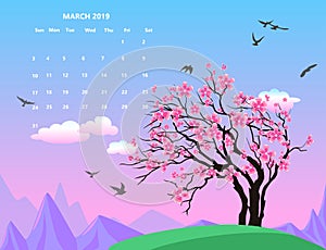 Calendar for March 2019, vector illustration with a cherry tree