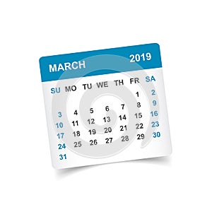 Calendar march 2019 year in paper sticker with shadow. Calendar