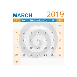 Calendar march 2019 year in simple style. Calendar planner design template. Agenda march monthly reminder. Business vector