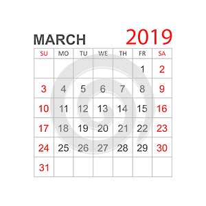 Calendar march 2019 year in simple style. Calendar planner design template. Agenda march monthly reminder. Business vector