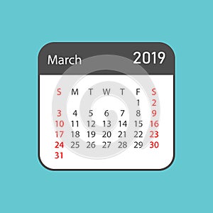 Calendar march 2019 year in simple style. Calendar planner design template. Agenda march monthly reminder. Business vector