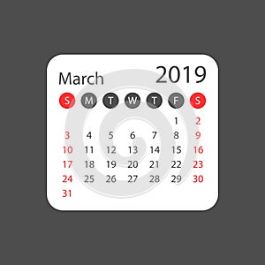 Calendar march 2019 year in simple style. Calendar planner design template. Agenda march monthly reminder. Business vector