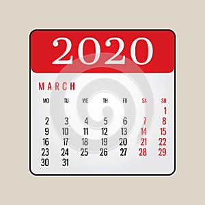 Calendar march 2020 year in paper sticker. Planner design template. Agenda march monthly reminder. Business vector illustration.