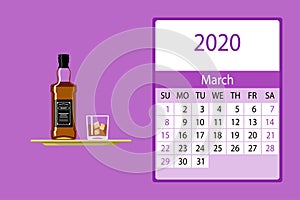 Calendar 2020. March monthly calendar decorated with cute whiskey bottle photo