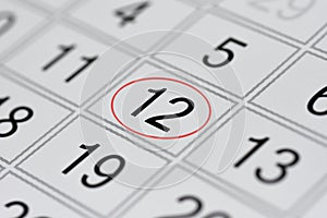 Calendar, mark day of the week, date in the red circle, note, scheduler, memo, save the date, 12